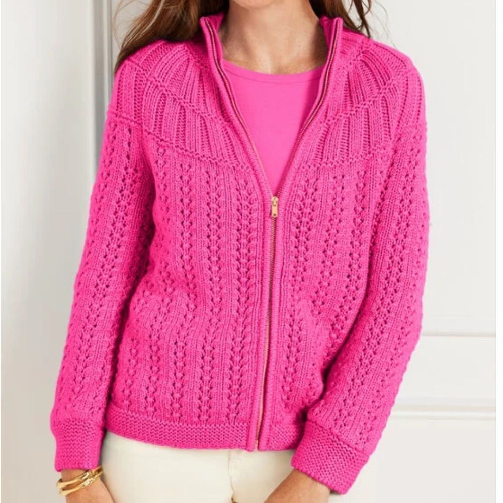NWT Talbots Sz L *Stunning Pink* Mixed Stitch Zipper Cardigan Sweater